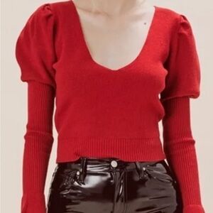 NWT For Love & Lemons Red Puff-Sleeve V-Neck Women's Sweater